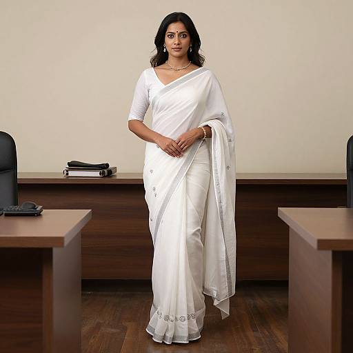 Photograph of a confident Indian woman with medium brown skin, black wavy hair, wearing a white traditional sari with gold embroidery, standing in a