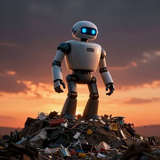 CGI image of a white, glowing blue-eyed robot standing on a pile of scrap metal against a dramatic sunset sky.