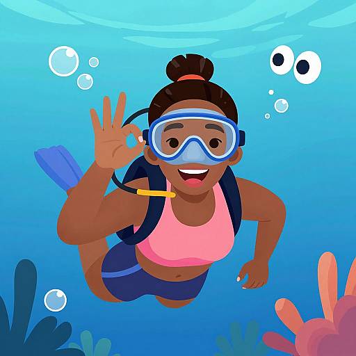 Digital illustration of a smiling Black woman scuba diving in bright blue water, wearing a pink top, blue shorts, and snorkel gear, with bubbles