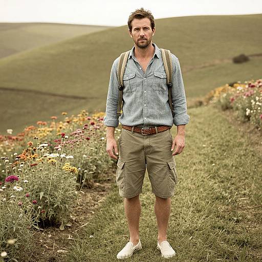 Photograph of a bearded man with short brown hair, wearing a blue checkered shirt, khaki cargo shorts, white shoes, and a beige