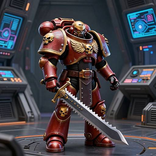 Digital CGI of a muscular, armored warrior in red and gold skeletal-themed armor, holding a serrated sword, standing in a futuristic control room with glowing