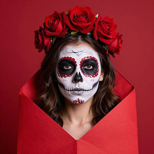 Photograph of a woman with white sugar skull face paint, red rosette eyes, black nose, and mouth, wearing a red rose crown,