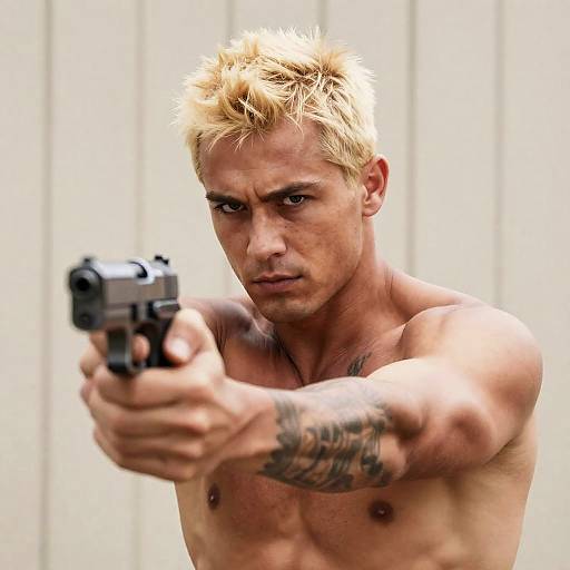 Intense Shirtless Man with Handgun