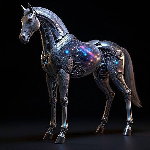 Photorealistic CGI of a metallic, robotic horse with glowing blue and purple lights, standing against a black background.