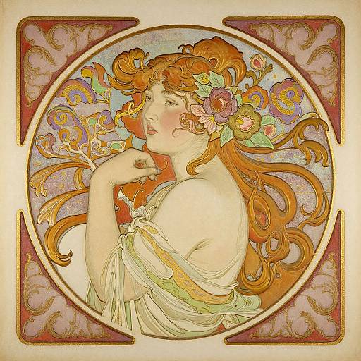 Art Nouveau-style drawing of a fair-skinned woman with long, wavy red hair, wearing a floral headpiece and draped white cloth, set