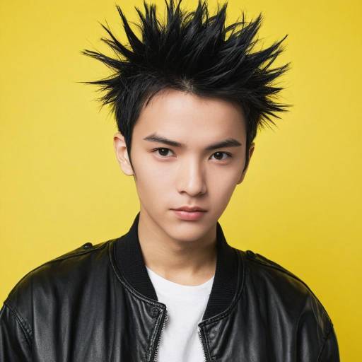 Young man with spiky hairstyle on yellow background