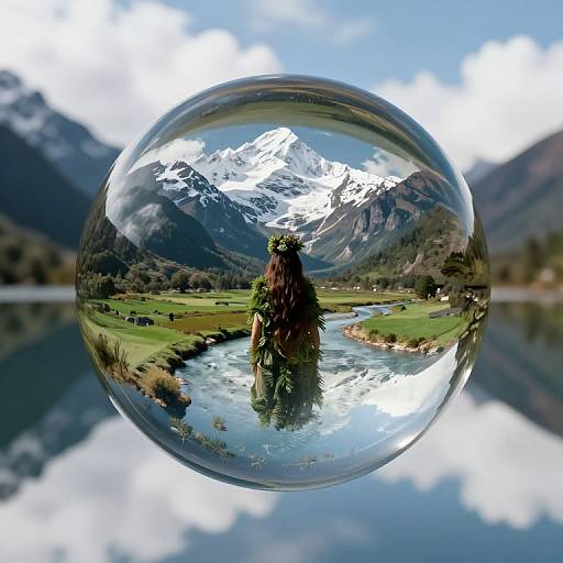 Photograph of a glass sphere capturing a detailed, reflective image of a mountainous landscape with a small, tree-covered rock in a pond.