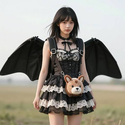 Photograph of an Asian woman with black hair, black bat wings, and a black lace dress with white trim, carrying a cute brown plush fox head