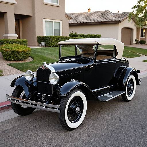 Photograph of a vintage black convertible with a white top, parked on a suburban street, featuring whitewall tires and classic 1930s design