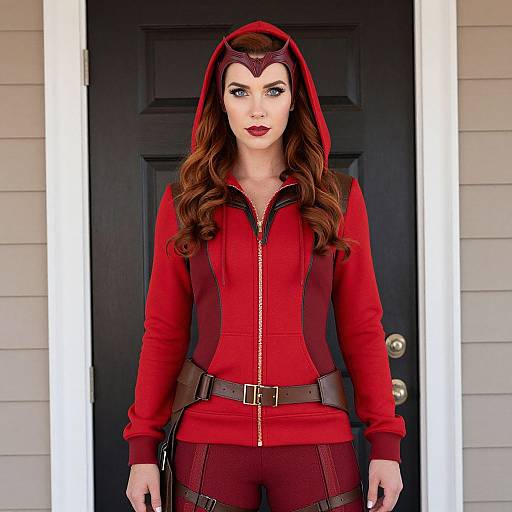 Photograph of a fair-skinned woman with long brown hair, wearing a red hooded jumpsuit, black belt, and mask, standing in front