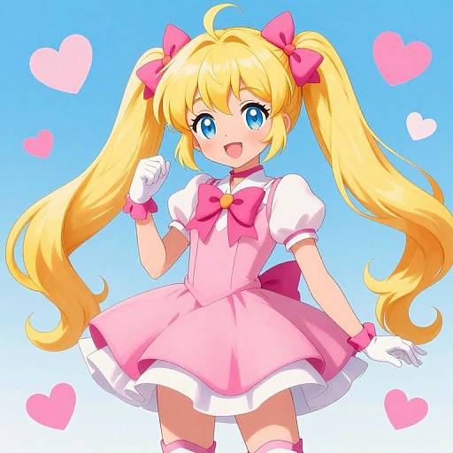 Digital anime-style illustration of a cute blonde girl with blue eyes, pink bows, and a pink dress, set against a blue gradient background with pink hearts