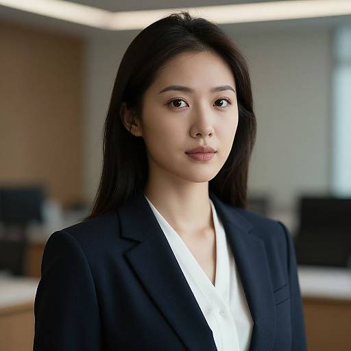 Photograph of an Asian woman with long black hair, wearing a black blazer over a white top, standing in a modern office with blurred background.
