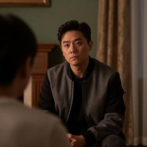 Photograph of a serious Asian man with short black hair, wearing a dark gray jacket, sitting in a dimly lit, wood-paneled room,