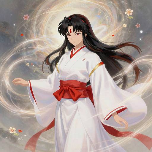 Anime-style digital drawing of a beautiful woman with long black hair, wearing a white kimono with red accents, surrounded by swirling light and floral patterns.