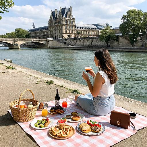 Photograph of a woman with long brown hair, white top, blue jeans, sitting on a pink blanket by the Seine River, enjoying a beer