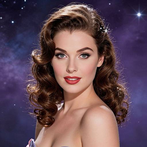 Photograph-style digital illustration of a fair-skinned woman with wavy brown hair, red lipstick, and blue eyes, set against a starry purple
