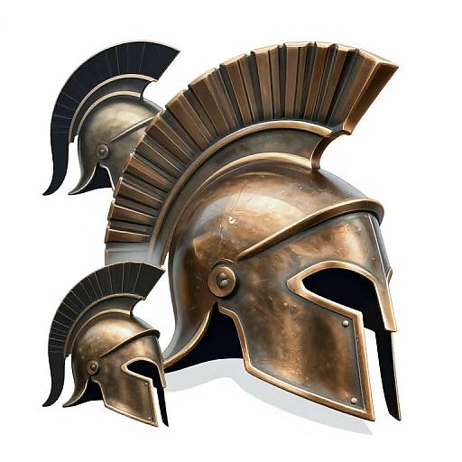 Digital illustration of three ancient Greek Corinthian-style helmets, featuring tall, black plumes and metallic bronze textures, arranged in a side view.