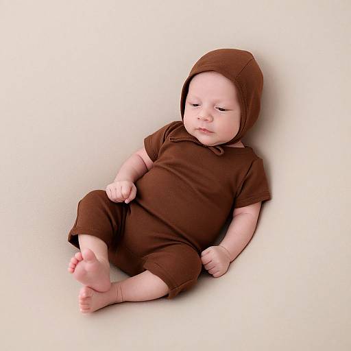 Photograph of a sleeping baby in a brown hooded onesie, lying on a white background, with eyes partially closed and one hand resting on the