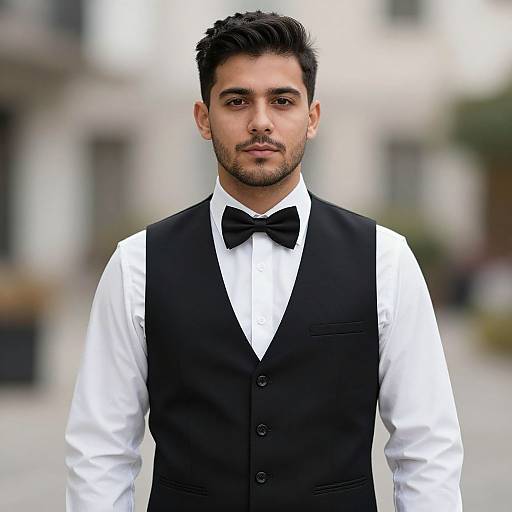 Photograph of a handsome young man with short black hair and light beard, wearing a black vest, white shirt, and black bow tie, standing in