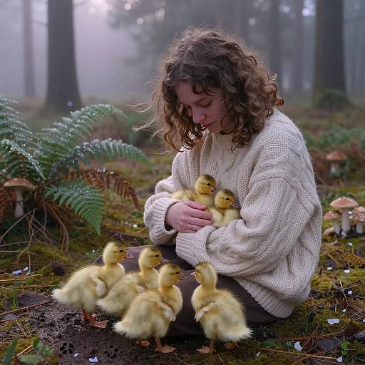 Woman Embracing Ducklings in Misty Forest