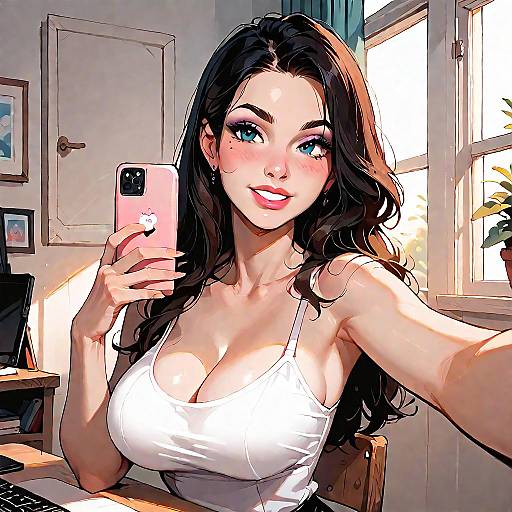 Brunette Woman Taking Selfie Indoors