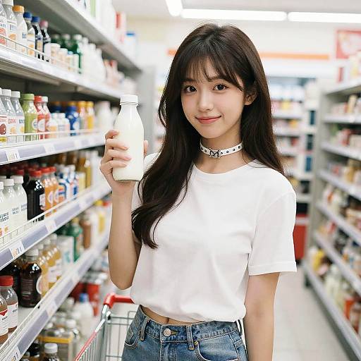 Young Asian woman with long black hair, white crop top, and denim jeans, holding a milk bottle in a brightly lit grocery store aisle.