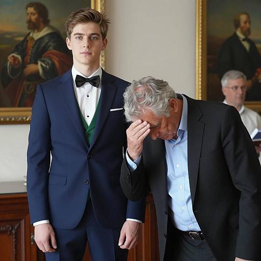 Young Man in Suit with Older Man Showing Distress