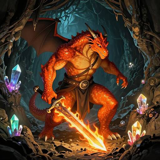 Digital fantasy artwork of a muscular, red-scaled dragon-man with wings, holding a flaming sword, standing in a dark cave surrounded by glowing crystals.
