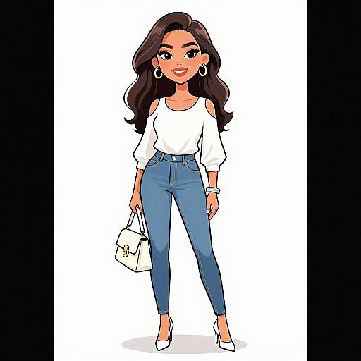 Digital illustration of a smiling woman with long dark hair, wearing a white off-shoulder top, blue jeans, white heels, and holding a white