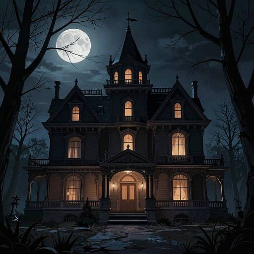 Digital illustration of a Gothic-style, two-story mansion with glowing windows, under a full moon, surrounded by dark, leafless trees.