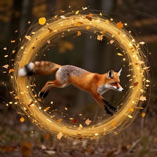 Photograph of a red fox mid-leap, surrounded by a glowing golden circular light trail, with autumn leaves floating around.