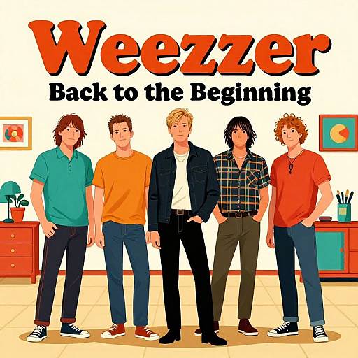 Digital illustration of five men in casual clothes standing in a brightly colored room, with 