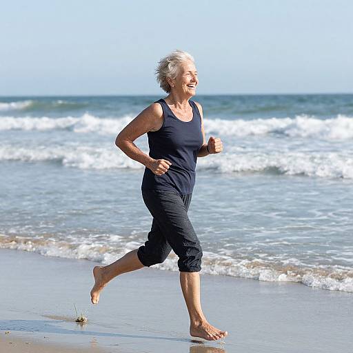 Photograph of an elderly woman with short gray hair, wearing a black tank top and capri pants, jogging barefoot on a beach with gentle waves