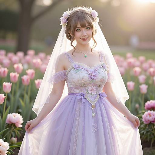 Woman in Lavender Fairy Costume in Flower Garden