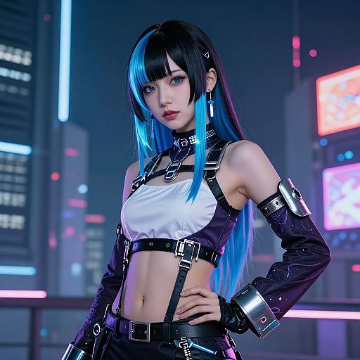 Digital art of an anime-style woman with black and blue hair, wearing a white crop top and black leather harness, standing in a neon-lit futuristic