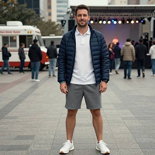 Photograph of a bearded man with short brown hair, wearing a navy puffer jacket, white polo, gray shorts, and white sneakers, standing