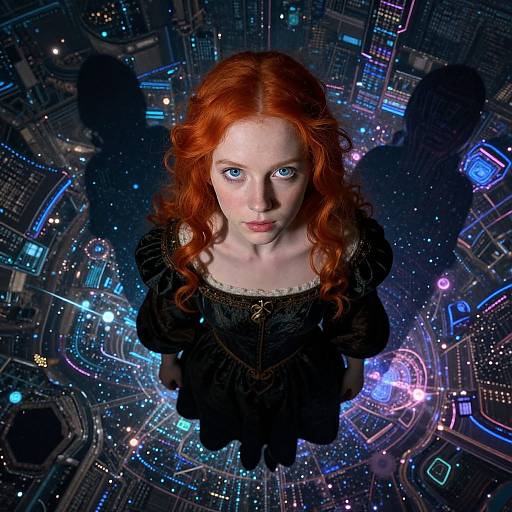 Digital artwork of a pale, red-haired woman with striking blue eyes, wearing a black dress, floating above a neon-lit, futuristic cityscape.