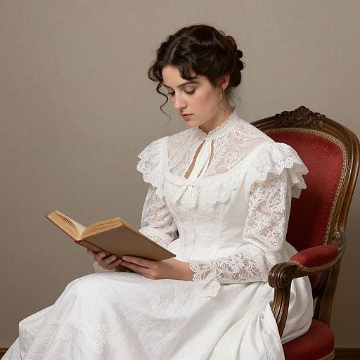 Photograph of a young woman with dark curly hair, wearing a white lace Victorian-style dress, sitting on a red velvet chair, reading an old book
