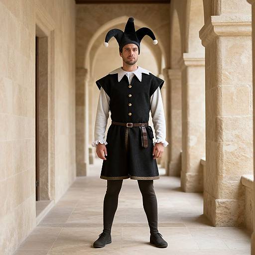 Photograph of a man in medieval jester attire, black and white outfit, jester hat, black stockings, and boots, standing in a sun