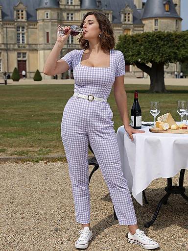 Photograph of a woman with wavy brown hair, wearing a white and blue checkered jumpsuit, white belt, and white sneakers, sipping