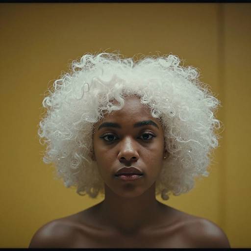 Photograph of a serious-looking Black woman with striking white curly hair, set against a solid yellow background, bare shoulders visible.