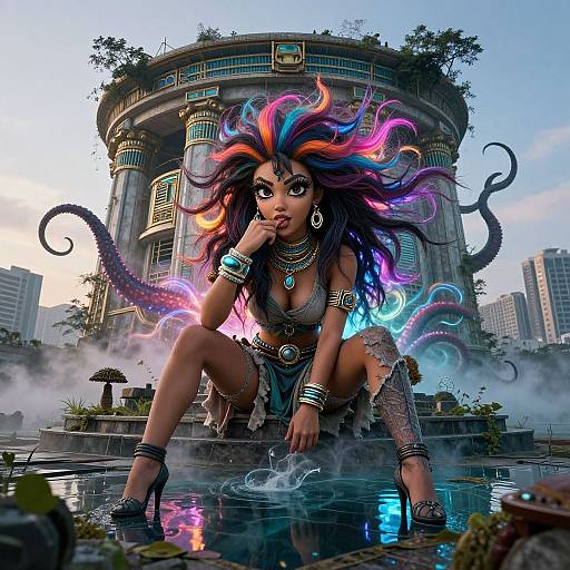Digital artwork of a fierce, dark-skinned woman with vibrant, multi-colored hair, squatting in front of a futuristic, circular temple with tentacles