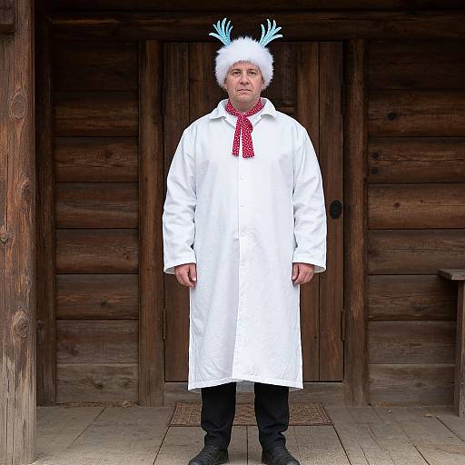 Photograph of an older man in a white coat, red polka-dot scarf, and white furry hat with blue antlers, standing in front of