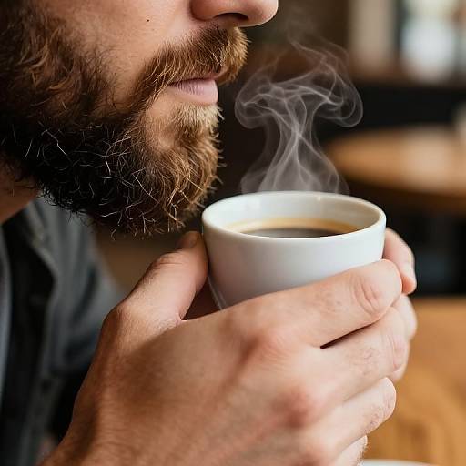 Close-up photograph of a bearded man with light brown hair, holding a steaming white coffee cup, lips slightly parted, background blurred.