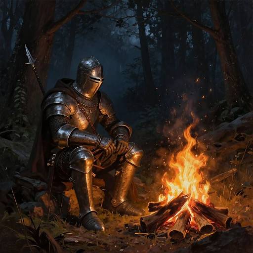 Photograph of a knight in shiny, medieval armor sitting by a roaring campfire in a dark, dense forest at night.