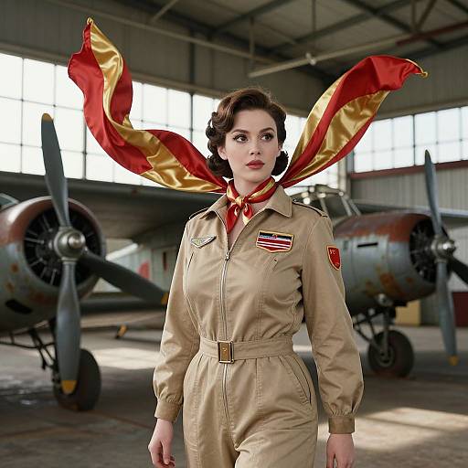 Photorealistic digital image of a fair-skinned woman in vintage WWII-era tan pilot uniform with red and gold scarf, standing in a hangar with