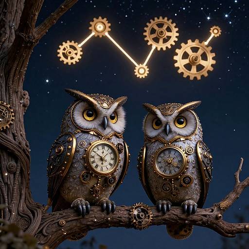 Steampunk owls with clock faces, sitting on a branch against a starry night sky, connected by glowing gear-like constellations. Digital