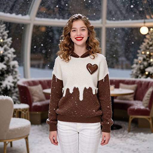 Photograph of a smiling woman with curly brown hair, wearing a white and brown heart-patterned sweater, white pants, and red lipstick, standing in