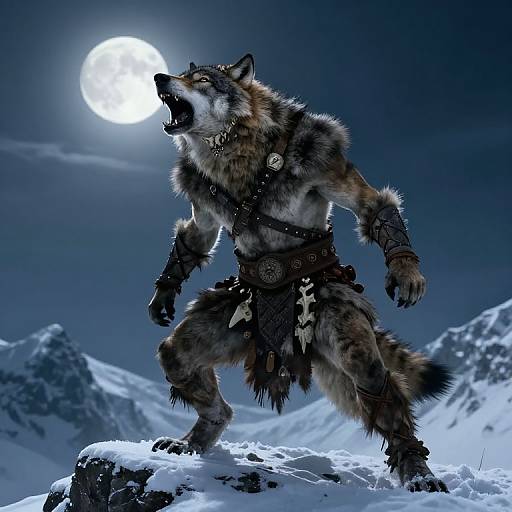 Digital art of a snarling werewolf in fur and leather armor, standing on snowy mountains under a full moon.