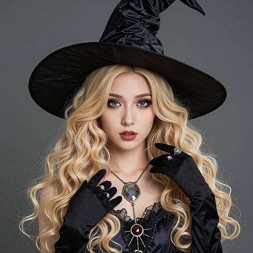 Digital portrait of a blonde witch with long curls, black hat, gloves, lace top, pendant, and star ring, against a gray background.